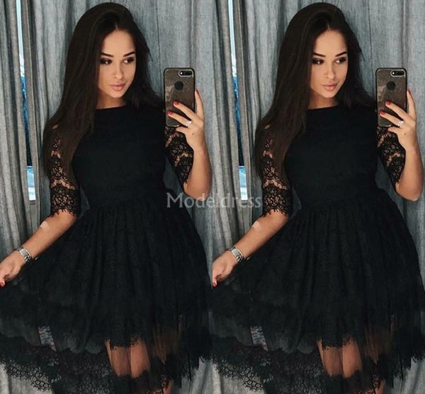 Elegant Lace Black Homecoming Dresses Jewel Neck Illusion Half Sleeves Knee-Length Cocktail Gowns Formal Party Prom Gowns Vestidos De Fiesta