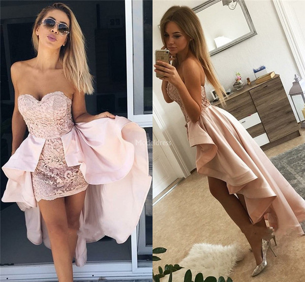 Unique Design Lace Homecoming Dresses Strapless High Low Sheath Special Occasion Dress Modern Formal Party Prom Gowns Stylish Cocktail Gowns