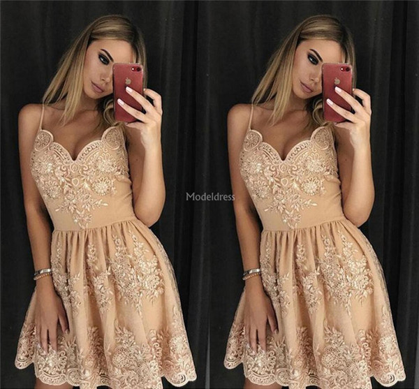 Elegant Lace Homecoming Dresses 2022Spaghetti Appliques Vintage Short Formal Party Prom Gowns Modern Cocktail Gown Cheap Vestidos De Fiesta