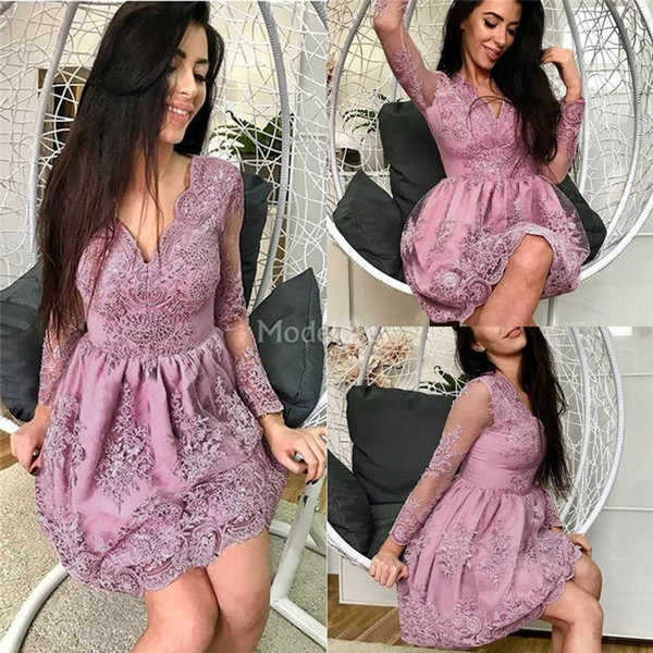 Stylish Lace Homecoming Dresses With Illusion Long Sleeves V-Neck Short Formal Party Prom Gowns Mini Modern Special Occasion Dresses Vestido