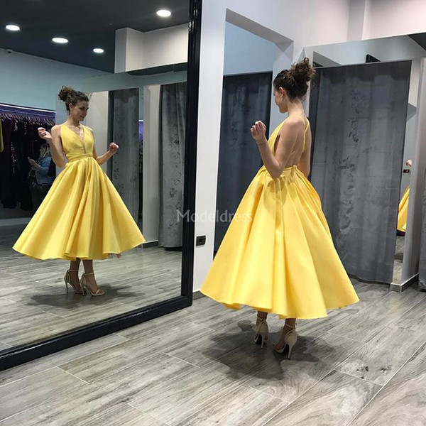 New Elegant Yellow Homecoming Dresses V-Neck Pleats A Line Tea Length Party Evening Gown Plus Size Special Occasion Dress Vestidos De Fiesta