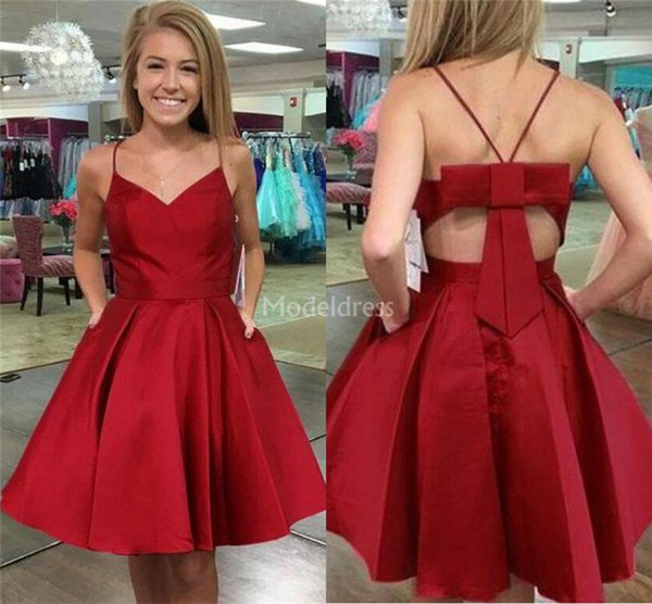 Simple Red Homecoming Dresses 2022V-Neck Bow Short Prom Dresses With Pockets Pleats Mini Formal Party Evening Gowns Modern Cocktail Dresses