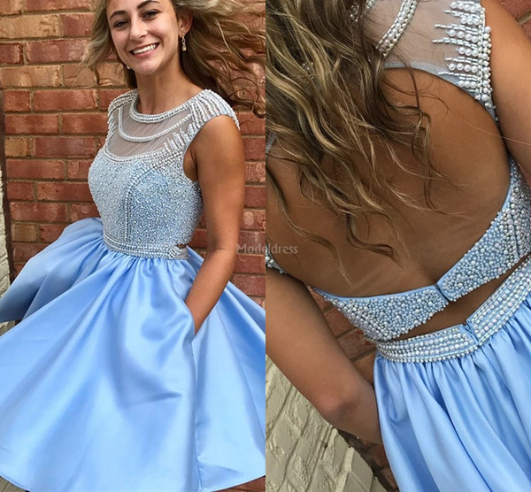 Gorgeous Homecoming Dresses Jewel Neck Crystals A Line Illusion Pearls Open Back Knee Length Prom Gown With Pockets Short Cocktail Gown