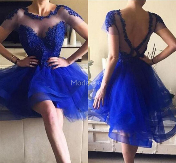 Elegant Royal Blue Homecoming Dresses Jewel Neck Backless Illusion Tiered Formal Party Prom Gown High Low Special Occasion Gown Vestido