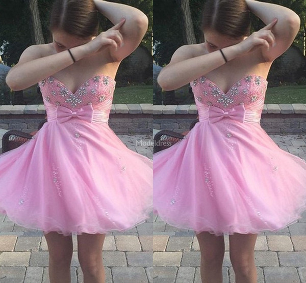 Stylish Pink Homecoming Dresses Sweetheart Crystals Short Formal Party Prom Dress A Line Bow Mini Special Occasion Dress Sexy Cocktail Gowns