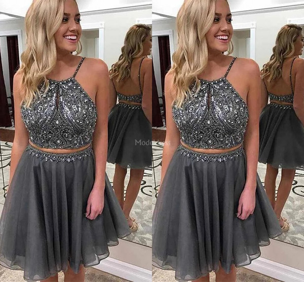 New Arrvial Two Piece Homecoming Dresses Backless A Line Beads Short Party Evening Gown Crystals Stylish Cocktail Dresses Vestidos De Fiesta