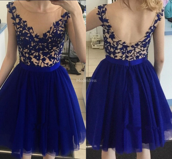 New Arrival Royal Blue Homecoming Dresses Scoop Neck Appliques Illusion Backless A Line Knee Length Short Party Prom Gown Mini Cocktail Gown