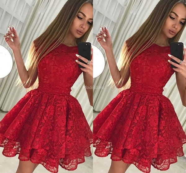 Stylish Lace Red Homecoming Dresses 2022Jewel Neck Tiered Above Knee Short Formal Party Prom Gowns Modern Special Occasion Dresses Vestidos