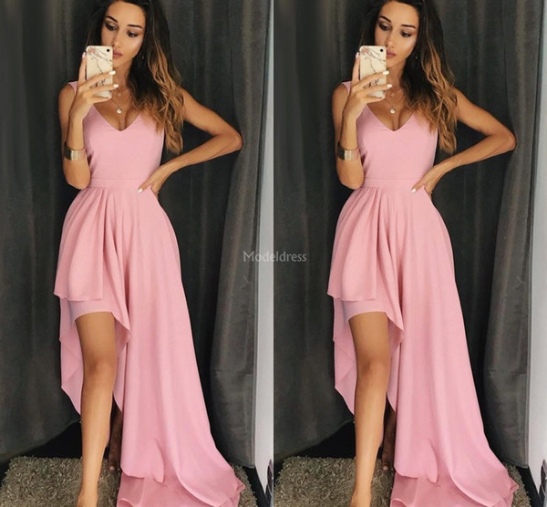 Pink Homecoming Dresses V-Neck High Side Split Sweep Train Unique Design Party Evening Gown Modern Special Occasion Dress Cocktail Gown