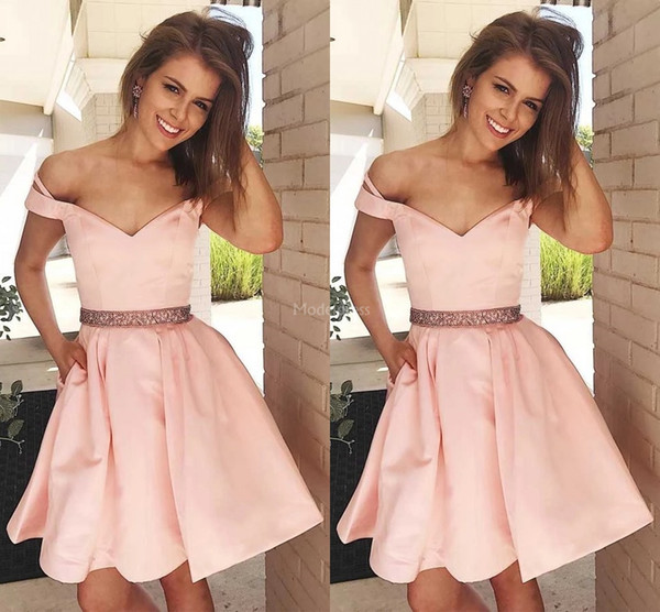 Modern Pink 2022Homecoming Dresses Off Shoulder A Line Short Party Prom Gowns With Pocket Cheap Special Occasion Dresses Vestidos De Fiesta