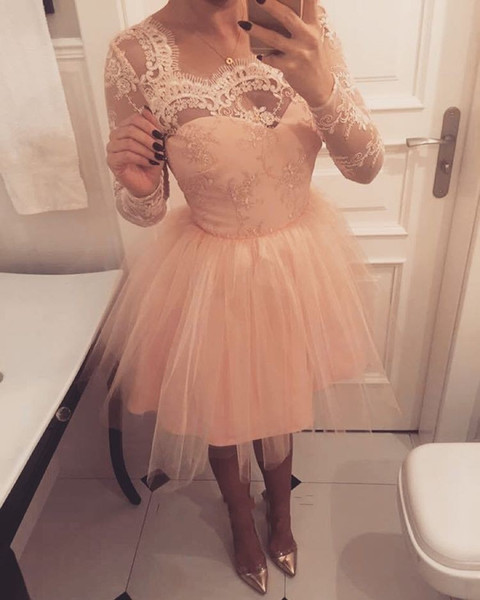 Long Sleeves Blush Pink Short Homecoming Dresses 2022Beateau Appliques Lace A Line Knee Length Party Prom Gowns Cheap Custom Made