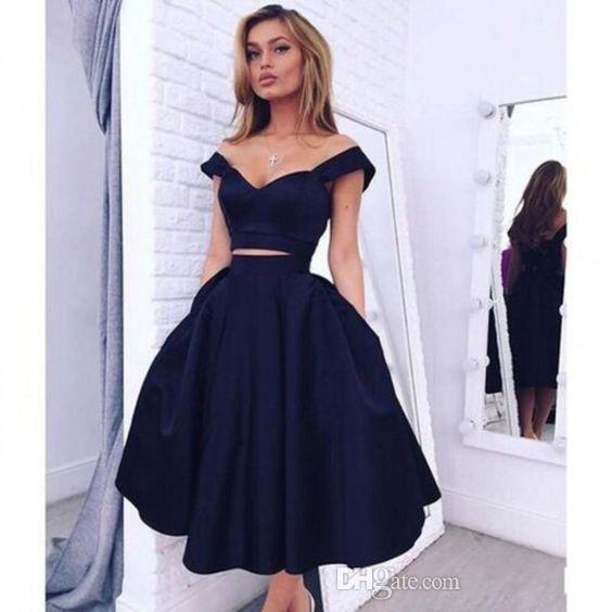 New Two Pieces Short Homecoming Dresses Off Shoulder A Line Tea Length Satin Modest Navy Blue Cocktail Party Graduation Gowns Cheap