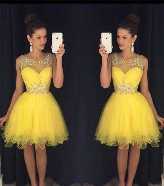 New Yellow Short Homecoming Dresses Sheer Neck Crystals Beads Modest Green Cheap Knee Length Prom Cocktail Party Gowns Real Images