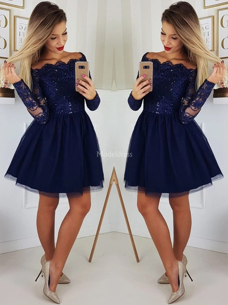 Elegant 2022Homecoming Dresses With Illusion Long Sleeves Off Shoulder A Line Mini Special Occasion Dresses Short Party Evening Gowns Cheap