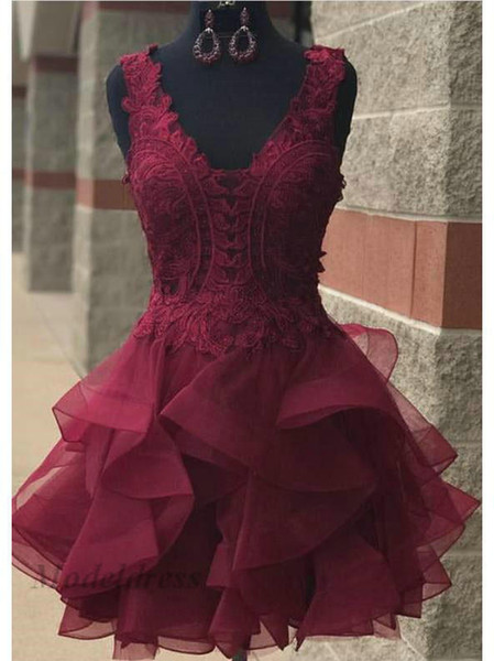 Burgundy Homecoming Dresses Lace Tops Organza Tulle Ruffles Skirt Tiered V Neck Mini Short Prom Party Dresses For Club Night Designer