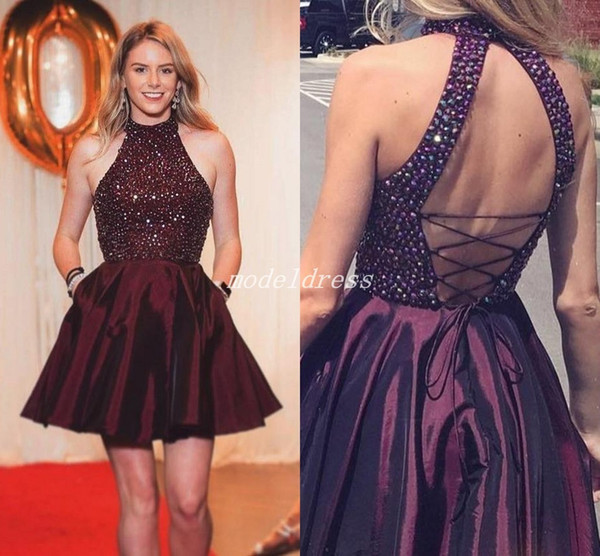 New Burgundy Short Homecoming Dresses Jewel Backless Lace-up Crystal Beaded Mini Prom Cocktail Party Dress Special Occasion Dress