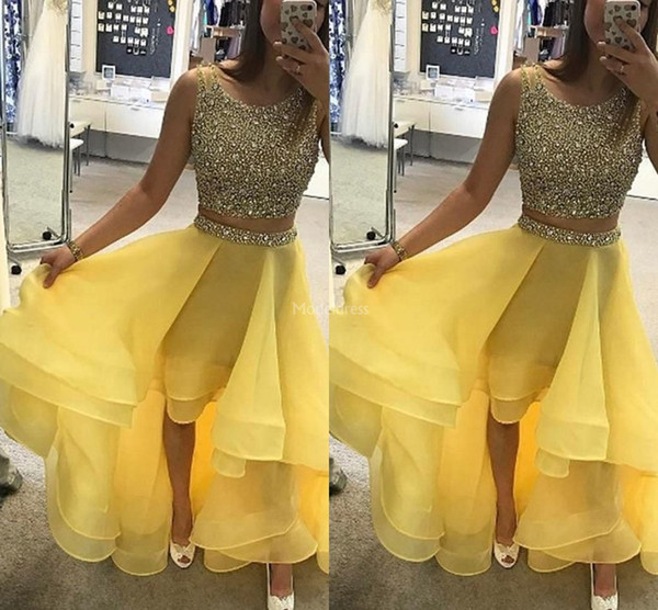 Yellow Homecoming Dresses Crystals Jewel Neck Two Pieces High Low Major Beading Formal Party Evening Gown Mini Special Occasion Dresses