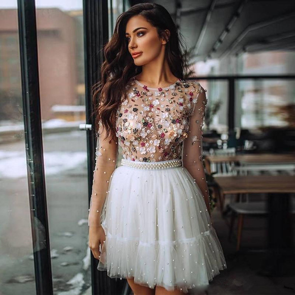 Long Sleeves Appliqued Homecoming Dresses Short Pearl Beaded Party Cocktail Wear Mini Prom Evening Pageant Gown