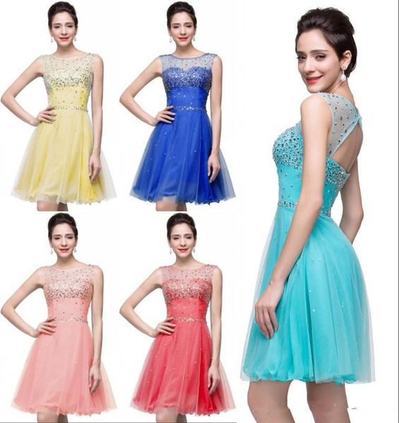 Sheer Tulle Crystal Beaded Short Homecoming Dresses Cheap Backless Mini Cocktail Party Gowns Formal Prom Evening Dress Wear CPS170