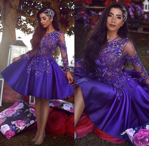 Crystal Beaded Sheer Long Sleeve Homecoming Dresses Appliques Short Prom Party Gown Vestido de fiesta BC1227