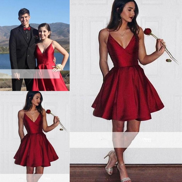 New Short Dark Red Satin Homecoming Dresses V-neck Spaghetti Straps Mini Cocktail Party Dress with Pockets BA6907