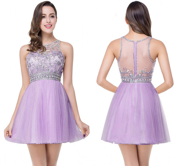 In Stock Lovely Crystals Homecoming Dresses Draped Sexy Transparent Back Short Party Dresses Vestido De Festa Curto CPS171