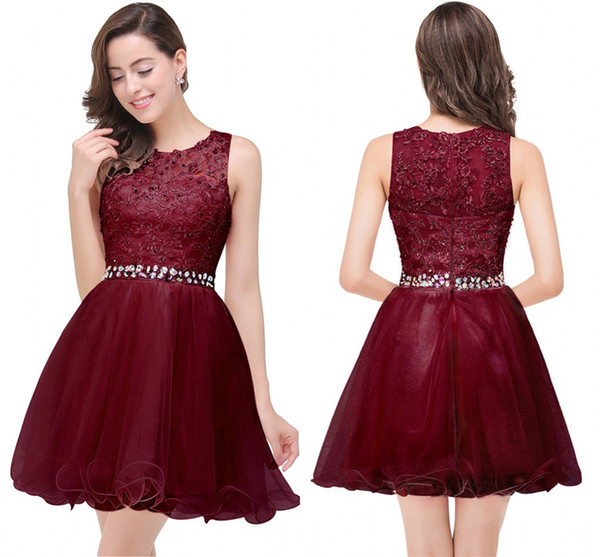 In Stock Burgundy Ruffles Mini Short Homecoming Dresses A Line Jewel Neck Appliques Beads Belt Cocktail Prom Gowns CPS381