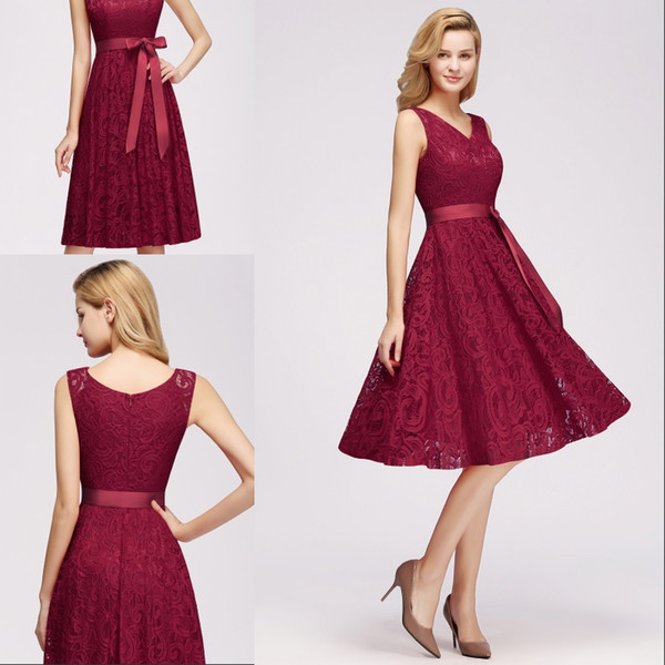 Burgundy V Neck Lace Homecoming Dresses with Sash Knee Length In Stock Real Image Short Prom Party Wear CPS1147