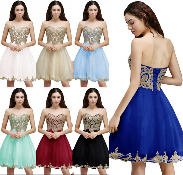 New Cheap Gold Lace Appliques Short A Line Homecoming Dresses Sweetheart Lace Up Cocktail Party Gowns Mini Prom Dresses CPS665