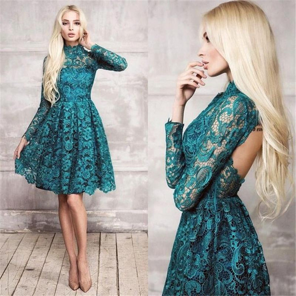 Lace Teal Long Sleeves Short Cocktail Dresses High Neck New Backless Knee Length Sexy Party Prom Dress Arabic Homecoming Gowns BA3062