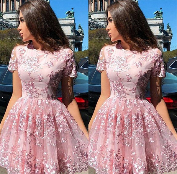 Pink Floral Lace Homecoming Dresses Short Sleeve Cocktail Party Dresses Girls Vestido de Fiesta Club Wear BC2724