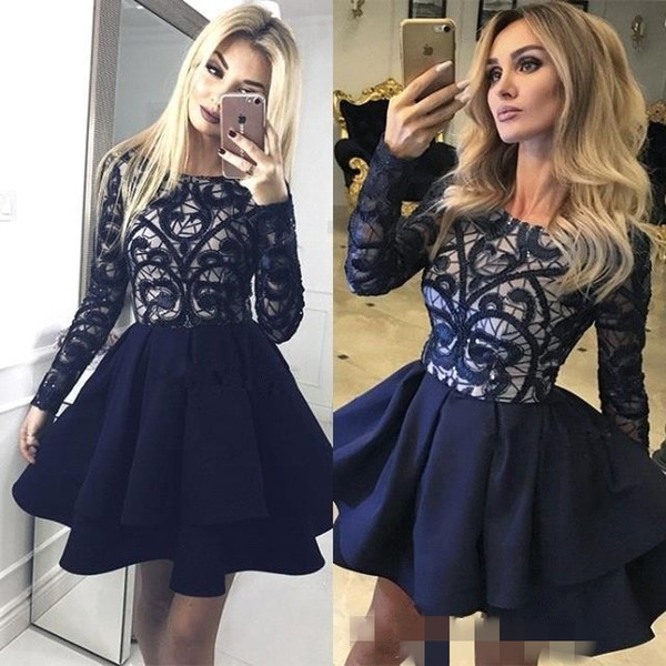 Navy Blue Long Sleeve Satin Homecoming Dresses Lace appliques 2 Tiered Short Prom Party Gown Jewel Neck Vestido BC2600