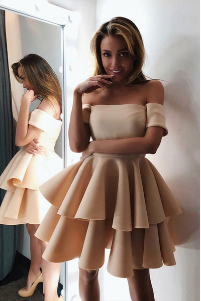 Beige Short Homecoming Dresses Off Shoulder 2 Tiers Girls Party Dresses Cocktail Even Wear Vestido Champagne BM0938