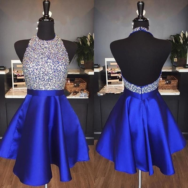 Royal Blue Sparkly Homecoming Dresses A Liner Halter Backless Beads Short Party Dresses for Prom Vestido abiti da ballo