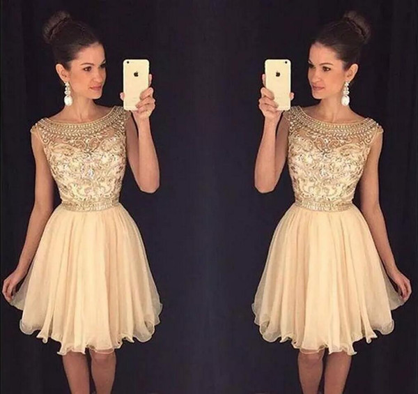 New Arrival Champagne Homecoming Dresses Sheer Scoop Neck Beaded Crystals Chiffon Short Prom Party Dresses