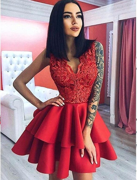 Vintage Red Cocktail Homecoming Dresses Cheap V Neck Lace Short Sleeves A Line Prom Party Evening Dress Gowns Red Carpets