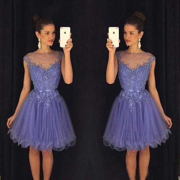 New Autumn Purple Homecoming Dresses Beading Tulle Appliqued Sheer Neck Cheap Graduation Cocktail Party Gowns For Girl Sweet 16 Dress