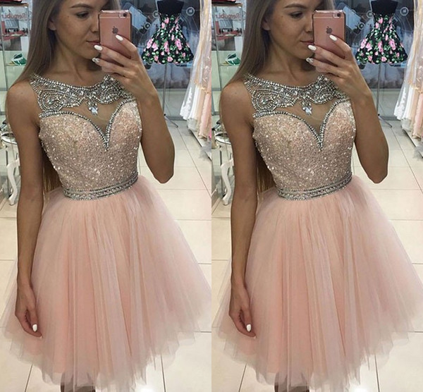 Pink Short Homecoming Dresses Scoop Neck Sheer Tulle Rhinestone Crystal Short Mini Blush Party Prom Gowns