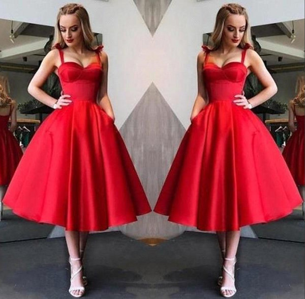 New Design Pretty Red Homecoming Dresses Sweetheart Neck Spaghetti Tea Length Girls Evening Party Dresses Cocktail Dress BC1945