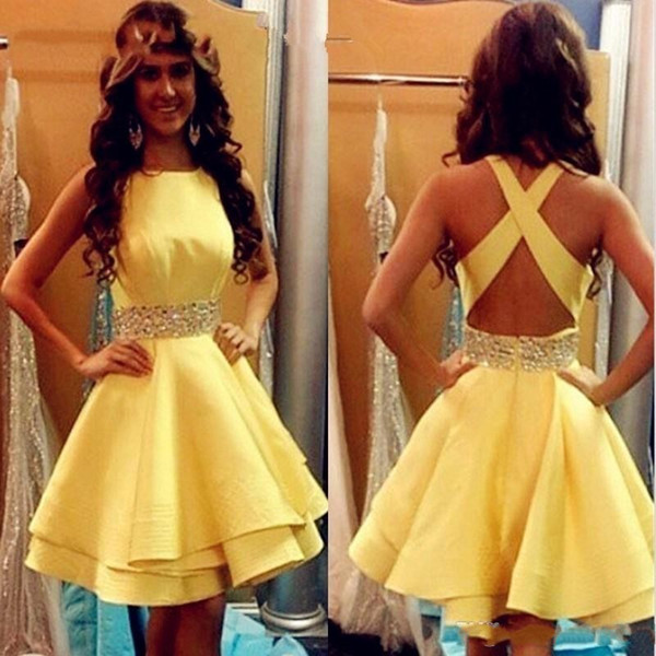 Sexy Yellow Prom Dresses Short Girls Satin Beaded Ribbon Cocktail Party Gowns Criss Cross Cheap Junior Graduation Gowns Homecoming