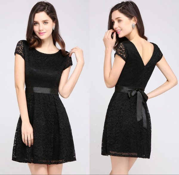 Elegant Little Black Lace Homecoming Dresses Real Image A Line Short Prom Dress with Sash Short Sleeve Cocktail Evening Party Wear CPS627