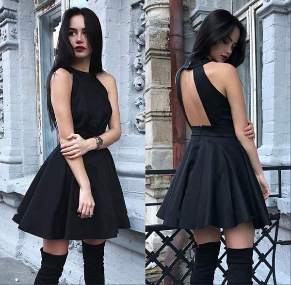 Sexy Black Homecoming Dresses Halter Neck Girls Casual Party Dresses Backless Cocktail Dress Mini Skirt Short Even Gown