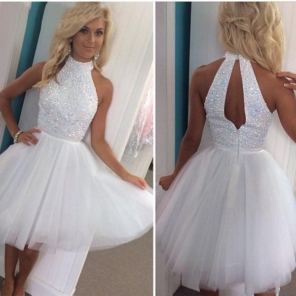 Charming White Tulle Mini Homecoming Dresses Halter Beaded Crystals Top Hollow A Line Short Cocktail Gowns