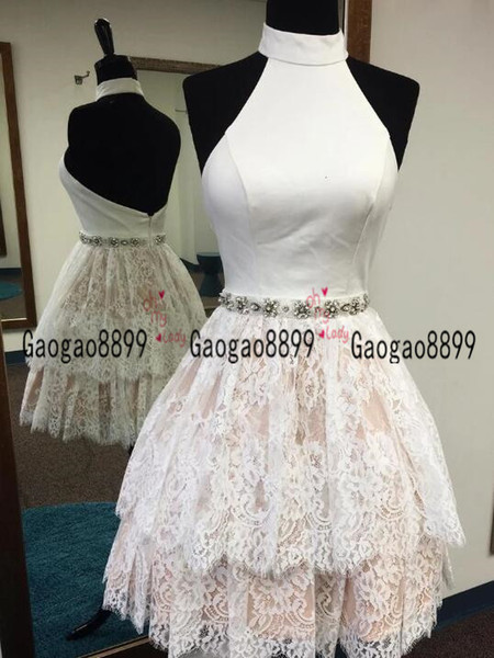 short Homecoming Dresses Halter neck Sexy Backless Prom Dresses crystal beaded sash cheap lace Cocktail Party Dresses custom made