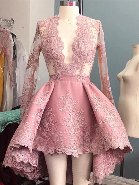 Hi-Lo Pink Long Sleeves Homecoming Dresses sheer lace Appliques sexy Deep V-Neck Elegant Cocktail Prom Party Dresses