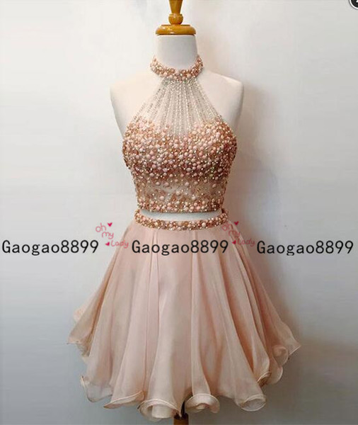 Real Photos Halter Beaded perals Two Pieces Homecoming Dresses Sexy Backless A Line Tulle Cocktail Party Gowns Short Prom Cocktail Dress