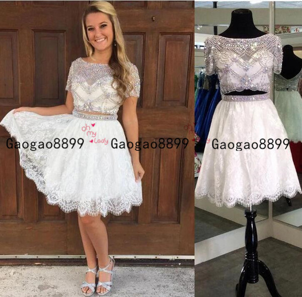 real picture Short Homecoming Dresses two pieces For Teens Jewel neck Crystal Beading lace zipper Back sexy Short Prom Dresses