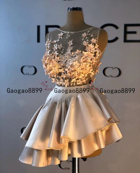 short Homecoming Dresses Sexy Prom Dresses sheer neck with 3d flower lace appliques Cocktail Party Dresses custom made