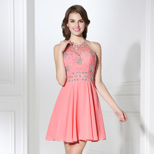 2022Coral Short Homecoming Dresses Beaded Chiffon Halter Neck A Line 16 Girl Prom Gowns Graduation Dresses New SD394