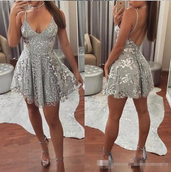 Arabic Junior 8th Grade Homecoming Party Dresses Cute Silver Short Cocktail Prom Dresses Cheap A-Line Backless Spaghetti Mini Tulle Lace M16